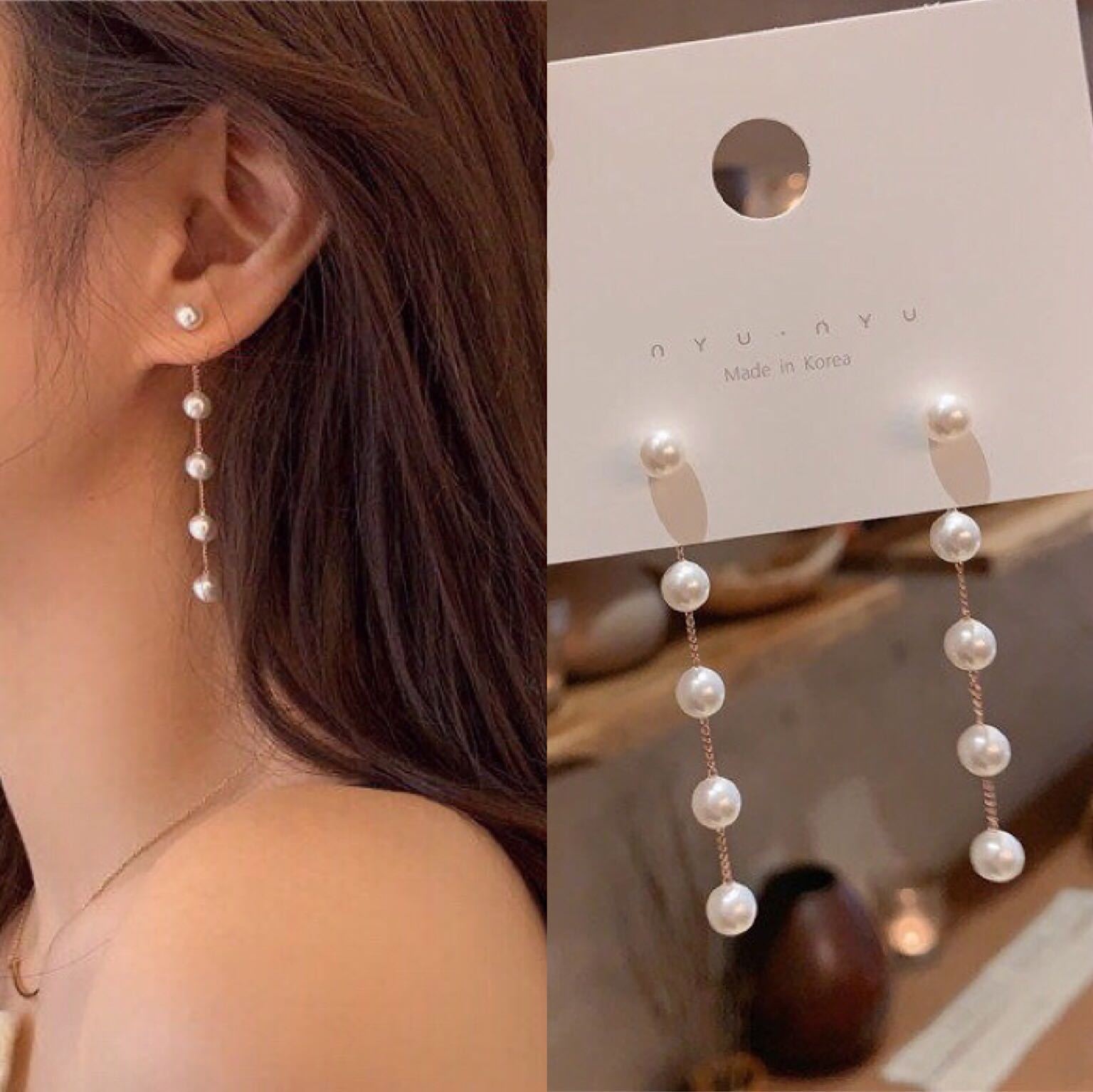 Pearl earrings跨境新款法式复古简约珍珠耳环气质长款流苏耳环女