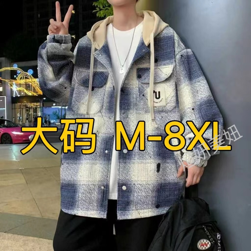 Plus-size jacket for spring and autumn, fashionable plaid, trendy for teenagers and chubby people, faux two-piece hooded style.