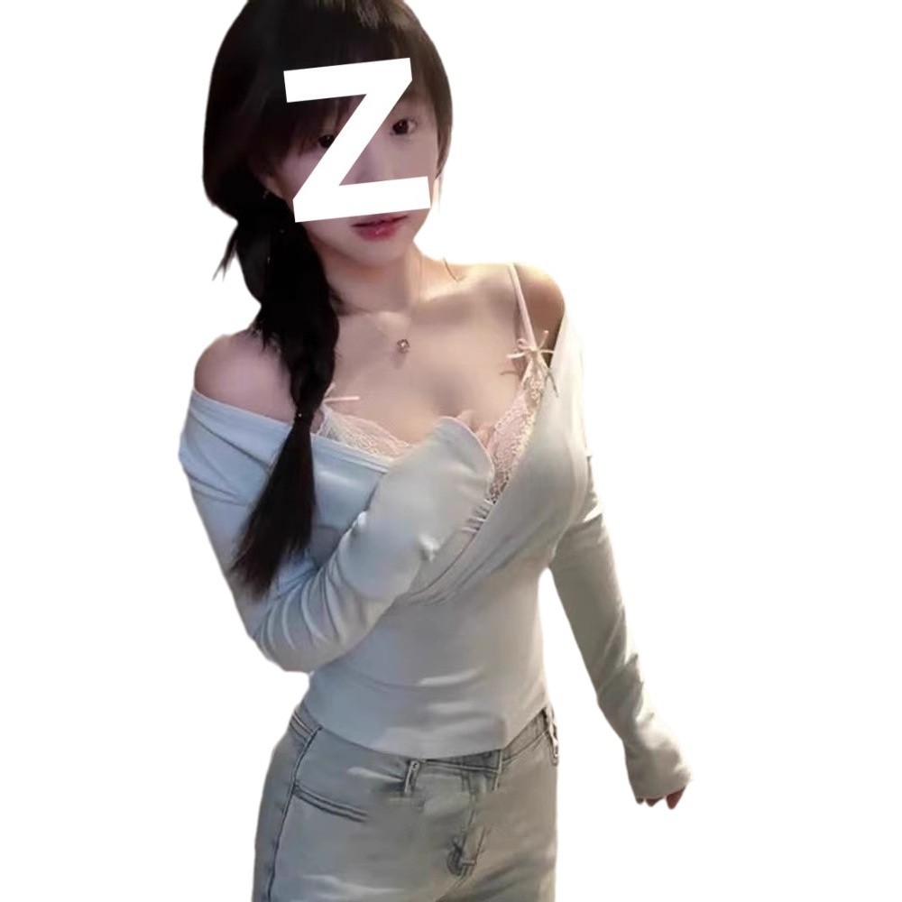 섹시한 스파이스 소녀 블루 크로스 V 넥 긴팔 티셔츠 여성 봄과 가을 짧은 디자인 센스 연예인 우아한 올 매치 탑 트렌디