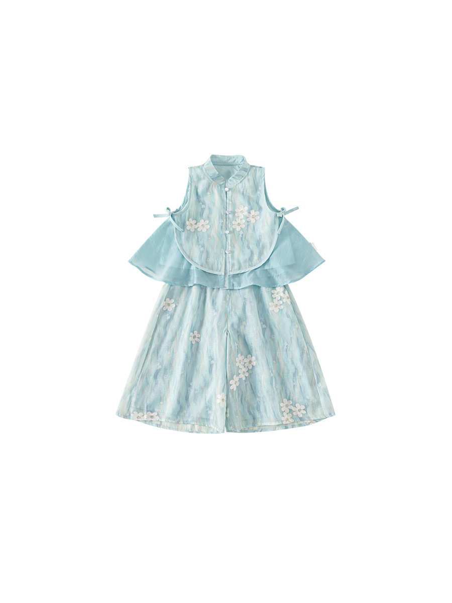 Youbao ropa para niños traje para niñas nuevo estilo chino hebilla bordado sin mangas top holgado pantalones anchos traje de dos piezas para niños