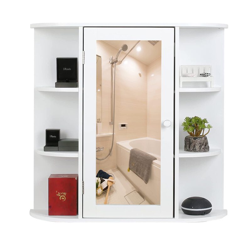 Modern Wall-Hanging Bathroom Medicine Cabinet Single Mirror Door Wooden Wall Cabinet 6-Layer Open Storage Simple Design White Modern Wall-Hanging Bathroom Medicine Cabinet Single Mirror Door Wooden Wall Cabinet 6-Layer Open Storage Simple Design White