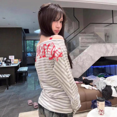 韩系秋长袖上衣女2025新款一字领条纹两面穿宽松休闲慵懒显瘦T恤