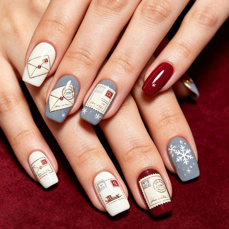 Christmas press-on nails in gray-blue and burgundy with vintage stamp and envelope designs, medium-long rectangular nail art with artistic snowflake motifs, detachable fake nails
