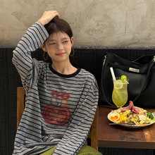 黎诺秋新款韩系卡通番茄印花条纹长袖T恤女2025慵懒时尚减龄上衣
