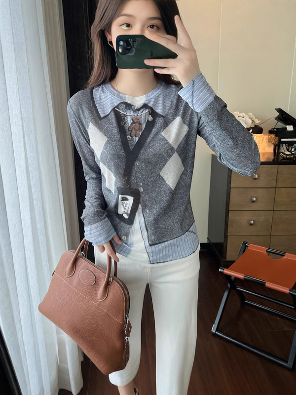 ASBR设计师买手店 元C~假两件打底衫25秋新款趣味3D印花工牌菱格|undefined