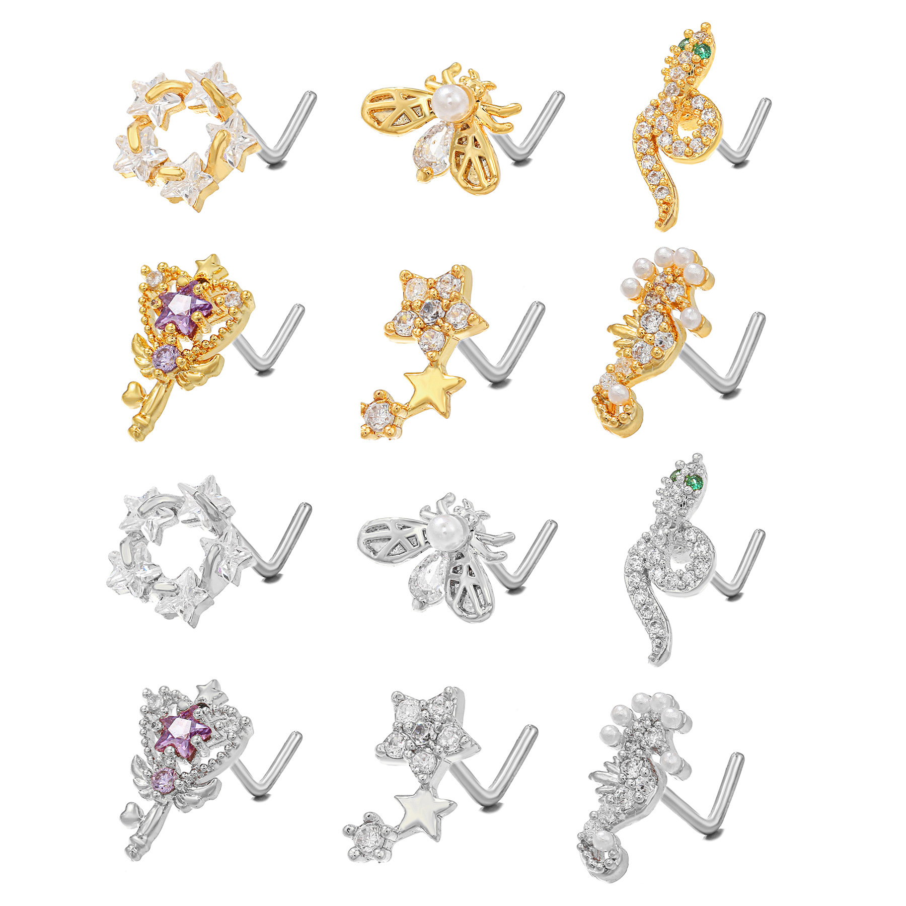 European and American personality stainless steel piercing piercing ornaments animal series modeling micro inset zircon L rod nose nail cross-border hot selling