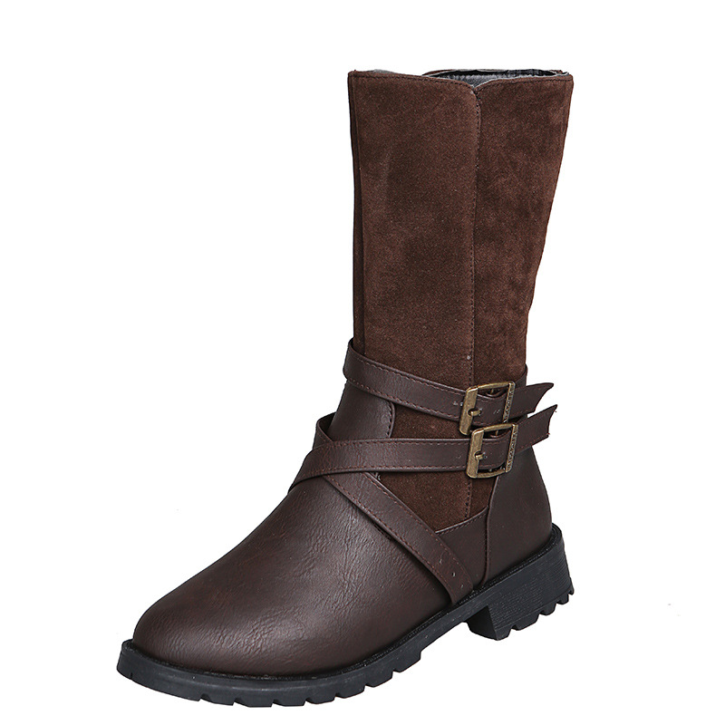 Damenschuhe, Martin-Stiefel mit mittlerer Röhre, Gürtelschnalle, runder Kopf, niedriger Absatz, Ritterstiefel mit seitlichem Reißverschluss, Lederstiefel_voghion.com