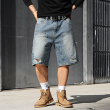 欧美烫钻伐木工装五分破洞中裤男士潮牌宽松直筒牛仔短裤男亚马逊