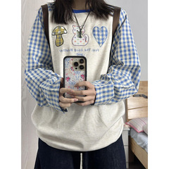格子拼接插肩长袖t恤女2025新款秋季贴布刺绣设计感美式宽松上衣