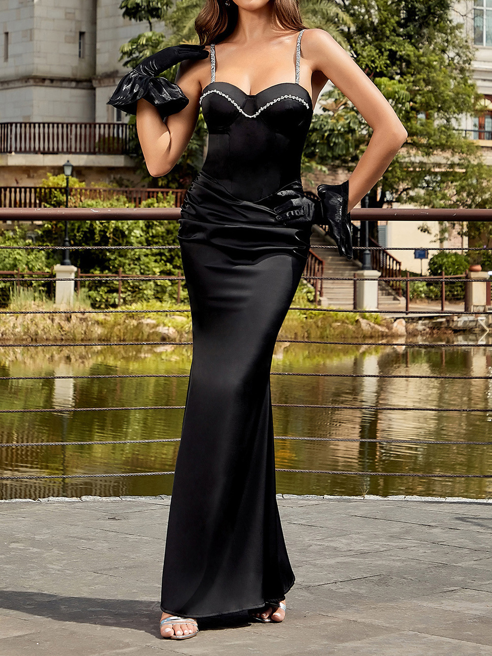 Dress Popular Strap Sexy Tube Top Diamond Chain Fishtail Dress with Gloves Dress