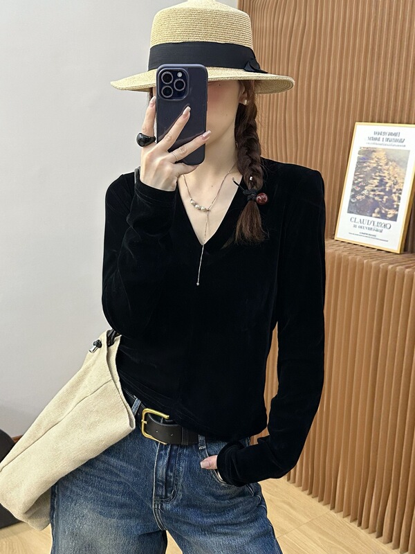 复古V领金丝绒长袖T恤女欧洲站2025早秋新款欧货女装洋气打底衫潮|undefined