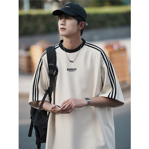 Striped white short-sleeved T-shirt for men, summer American retro trendy streetwear brand, honeycomb pattern, loose casual sports top