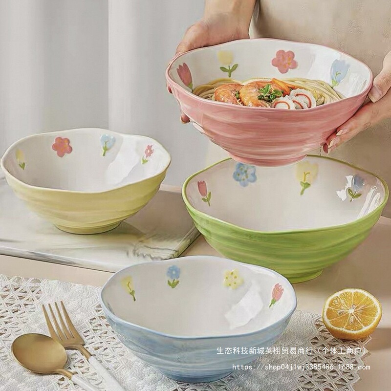 High Aesthetic Ceramic Ins-Style Soup Noodle Bowl, Underglaze Color, Household Snail Noodle Bowl, Couple's Noodle Bowl