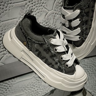 Zhou Shen's SHOOT BRAND Ensemble Thick Sole Increased Retro Destruction Denim Grey Canvas Shoes for Men and Women