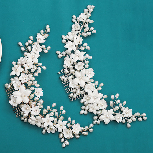 European and American porcelain flower pearl hair comb hand-woven ceramic comb ancient style Hanfu hair accessories wedding hairstyle accessories wholesale