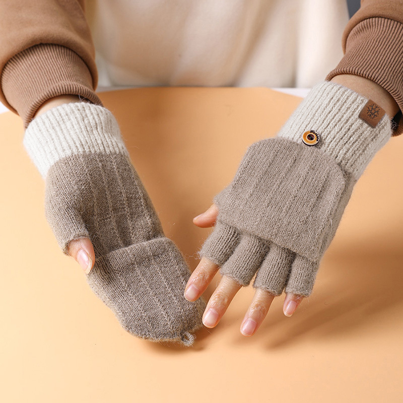 半指カバー手袋ニット冬女性かわいいベルベット屋外防寒保温事務学生露指手袋|undefined
