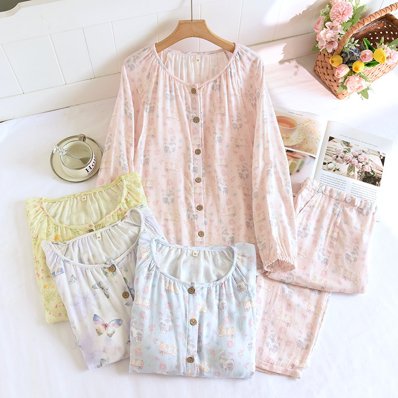 Summer Thin Cartoon Pregnant Women with Chest Pad Bamboo Fiber Maternal Pajamas Women's Postpartum Breast-feeding Clothes Spring and Autumn