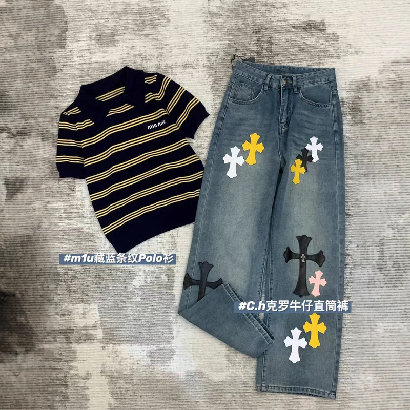 26 Spring and Summer New Niche Design Striped Polo Shirt + Ch Cross Leather Label Straight-Leg Jeans