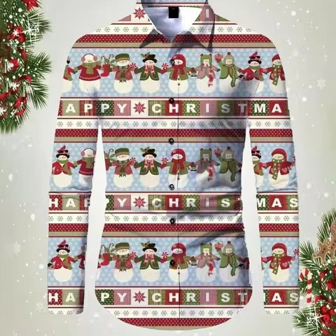 Funny Santa Claus Casual Men's Long Sleeve Shirt Autumn Fashion New Lapel Christmas Elk Cross-Border New Style