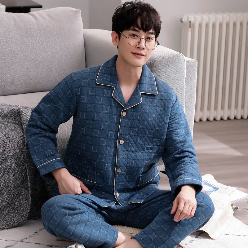 Pajamas de algodón de primavera y otoño para hombres, ropa de hogar de manga larga engrosada, otoño y invierno, conjunto de algodón de aire intercalado