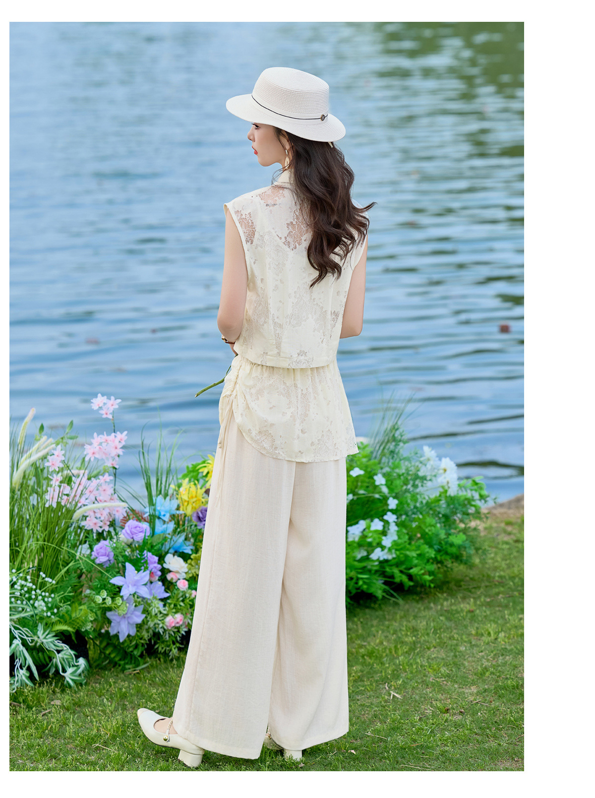 Bộ vest nữ không tay kết hợp quần ống rộng phối ren YQ9913 — màu đen, màu trắng ngà chi tiết 18