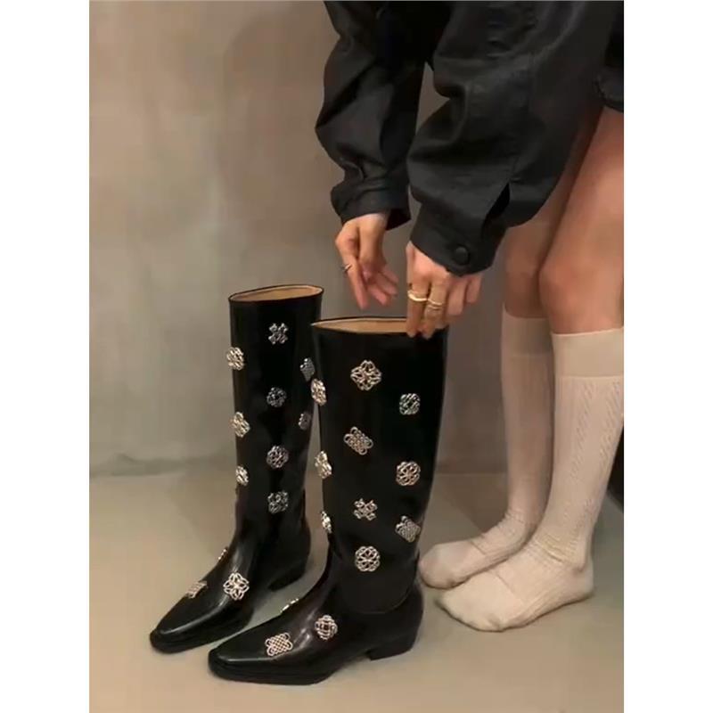 牛皮版！靴子女款长筒靴小众设计感黑色尖头金属扣百搭粗跟骑士靴|undefined