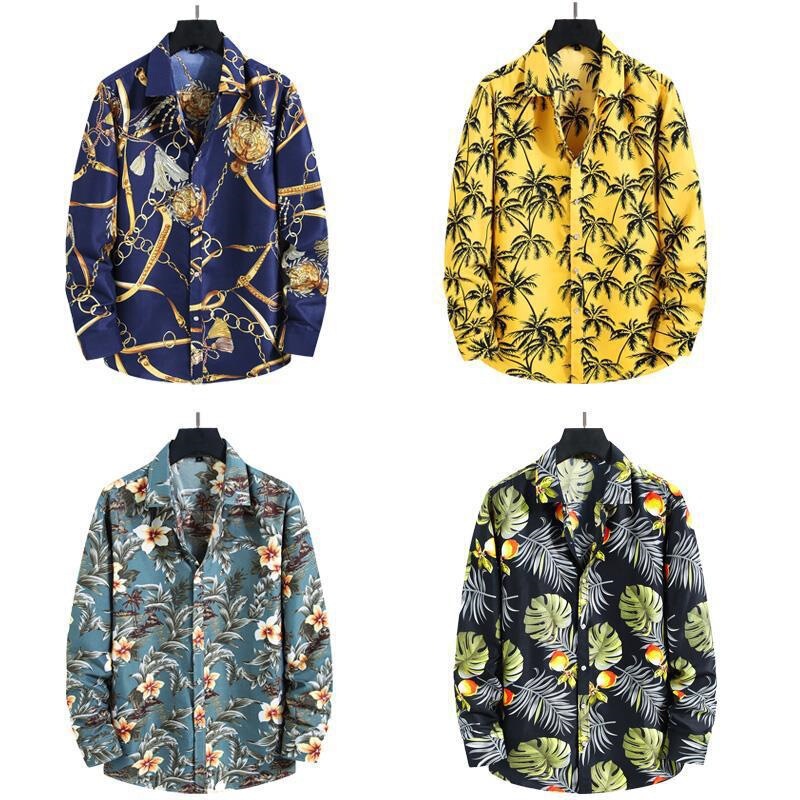 Elastic Bamboo Knit 2025 Autumn New Men's Beach Style Printed Long Sleeve Shirt Men's Casual Wear