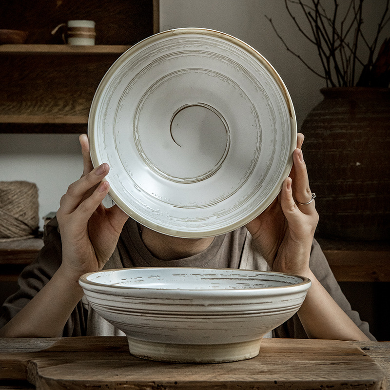 9 pulgadas gran tazón viejo tiempo en relieve texturas retro gran apertura tazón de superficie de gran capacidad tazón de cerámica exportación transfronteriza
