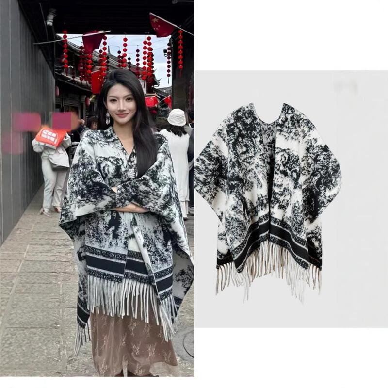 Vintage Ink Painting Double-Sided Cape Shawl Coat for Women, Autumn Loose Fringed Scarf, Versatile Warm Outerwear