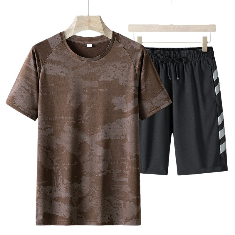 Transfronterizos de verano manga corta traje casual hombre suelto hielo traje de correr pantalones cortos secos rápidos traje deportivo hombre grande