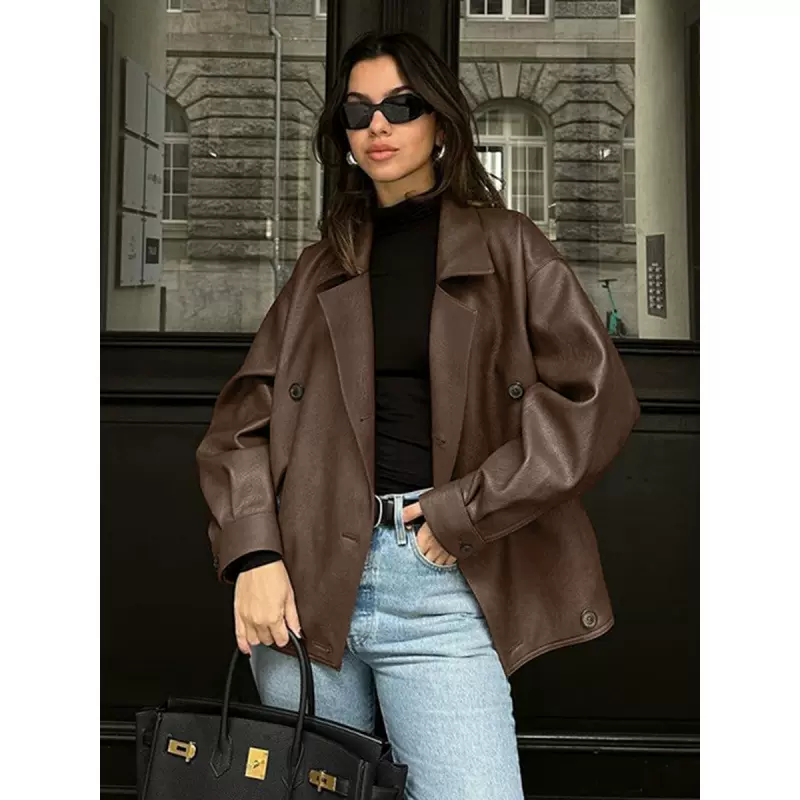 2025复古棕色皮衣女欧美高级感宽松西装领皮革外套中长款女装大衣