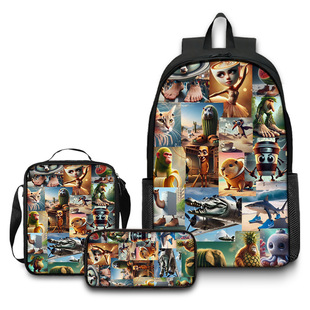 Cross-Border Latest Popular Wooden Stick Man Shanhaijing Student Schoolbag Children's Backpack Backpack Three-Piece Set Wholesale