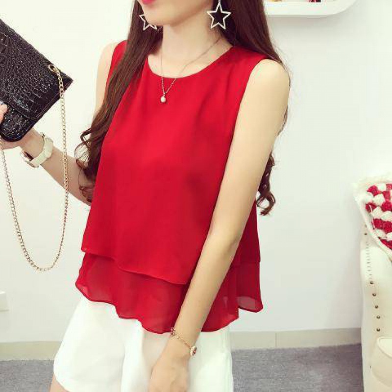 Chaleco de cuello redondo de chiffon suelto para mujeres con camiseta de vestir abdomen primavera y verano con traje sin mangas camiseta de vestir