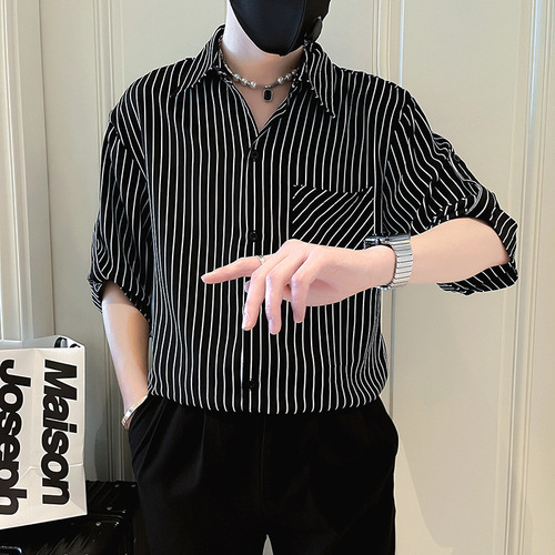 Men's 2025 Summer Striped Shirt with Ice Silk High-End Style Fashion 7.5-inch Half Sleeve Trendy Korean Version Hooded Top