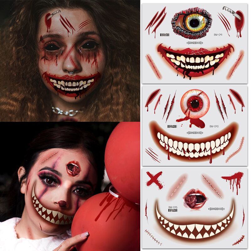 Halloween Tattoo Stickers Horror Big Mouth Face Scar Personalized Bar Waterproof Long-Lasting Artificial Disposable Stickers