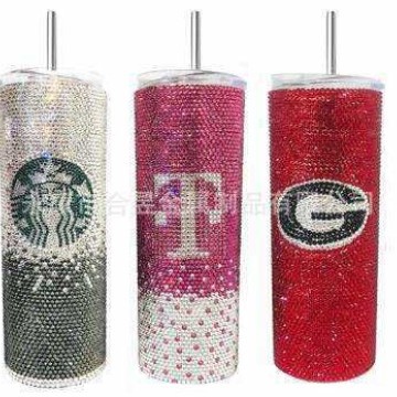 20oz/600ml marca nuevo diamante ventosa botella de agua de acero inoxidable taza de café con paja taza de vidrio bebida regalo