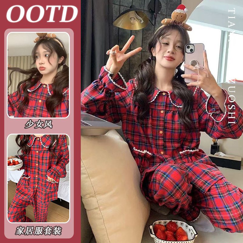 【High-Quality Imitation Cotton】Red Plaid Doll Collar Pajamas for Women, Cute and Simple, Suitable for Spring and Autumn, Can Be Worn Outside as Homewear