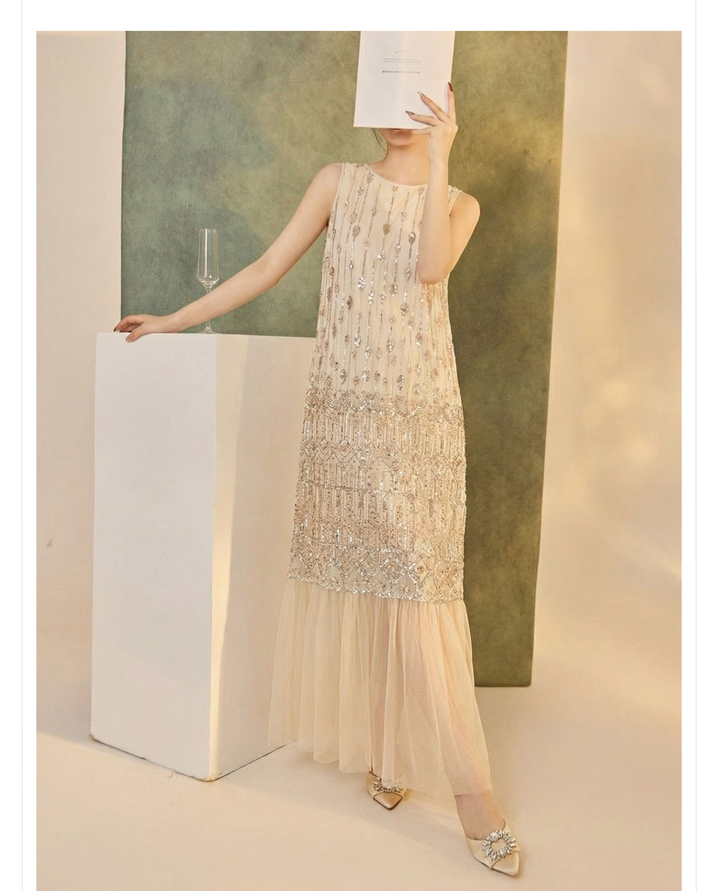 Đầm suông nữ midi phong cách Guofeng tay không sequin cao cấp — màu trắng ngà chi tiết 9