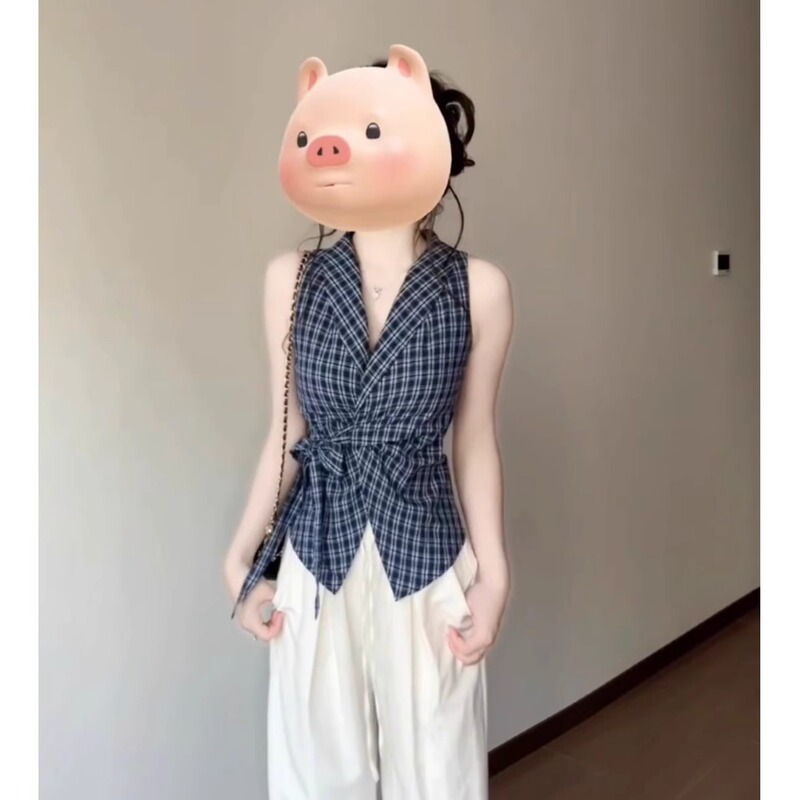 French V Neck Bow Tie Blue Plaid Shirt Vest for Women Summer Sexy Outer Wear Slim Sleeveless Top