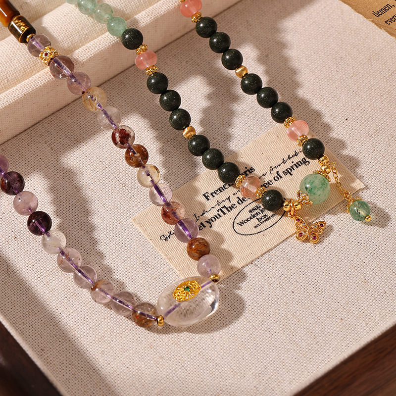 Nuevo estilo chino doble capa usando amatista cristal blanco ojo de tigre piedra verde fresa cristal de piedra natural pulsera de cuentas pulsera mujer