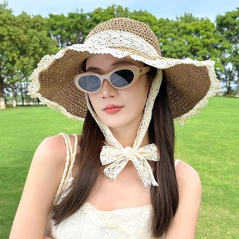 夏の海辺の旅行やビーチに最適な女性用レースレース中空麦わら帽子、通気性のある日焼け止め大きなつばの日よけ帽子|undefined
