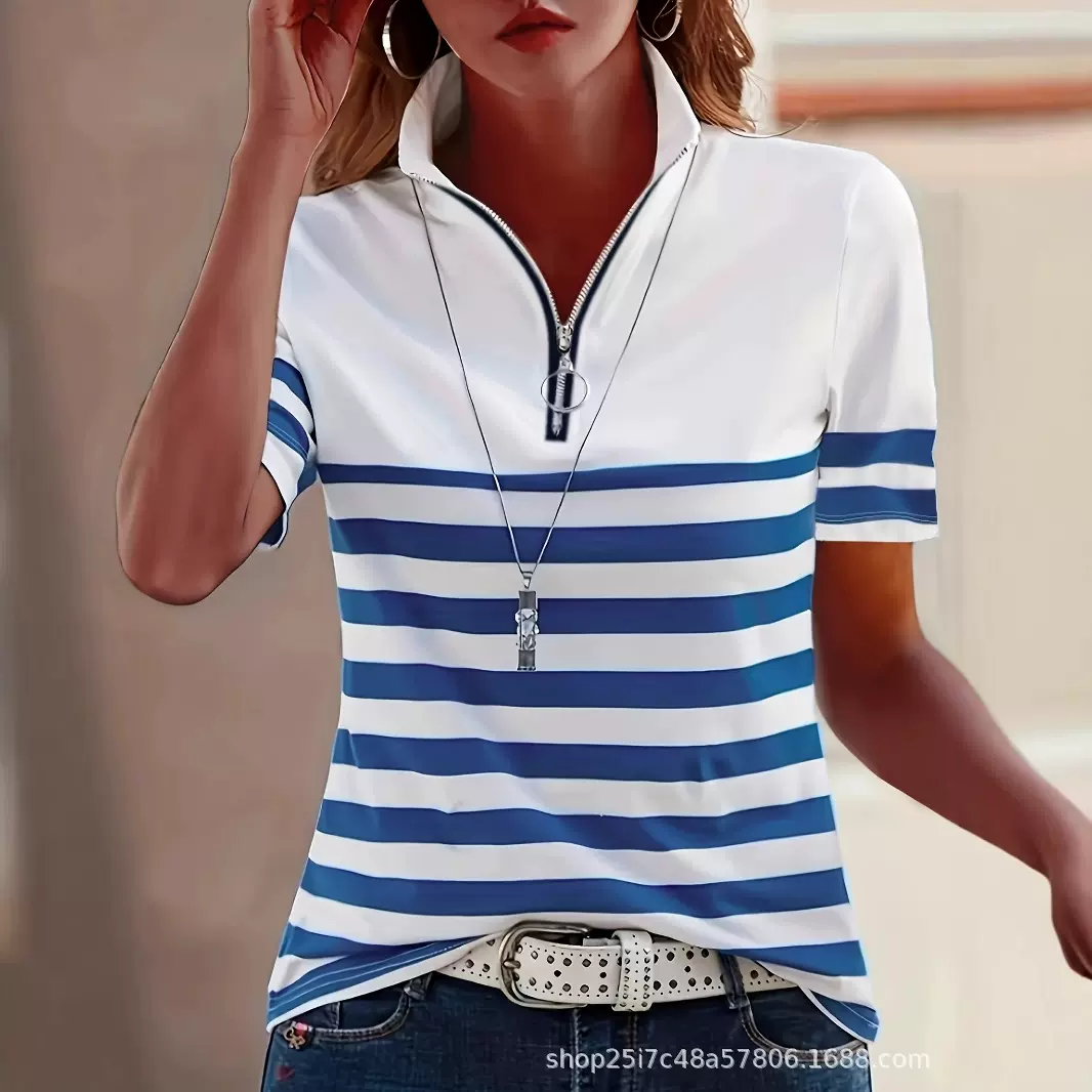 POLO领条纹女短袖翻领拉链上衣T恤大码显瘦立领跨境欧美特大码