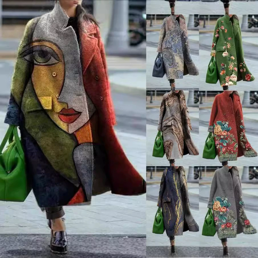 Европейское и американское длинное шерстяное пальто для осени и зимы, элегантное приталенное свободное шерстяное пальто для пригородных поездок с карманами и лацканами