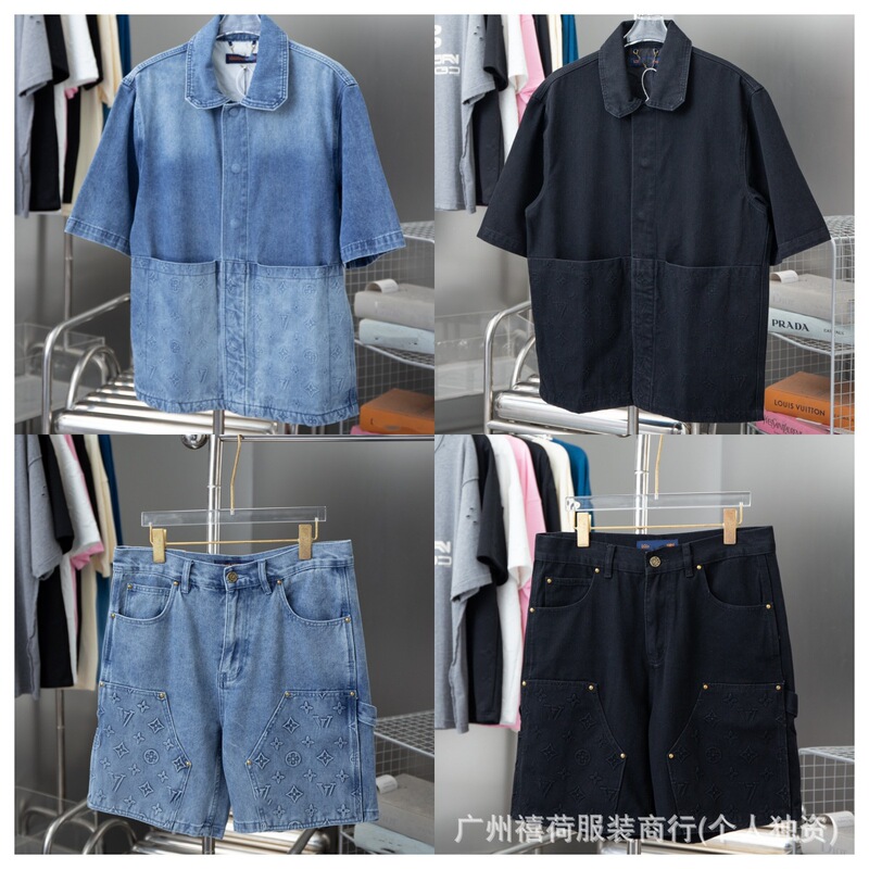 Correct High-End Version. Lv 25Ss New Classic Heavy-Duty Embossed Workwear Shirt, Vest, and Jeans Set