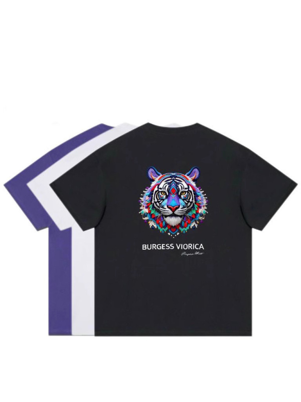 アメリカンレトロトレンディなコントラストカラーのタイガー刺繍ラウンドネック半袖Tシャツカップル夏ルーズカジュアルコットントップ|undefined