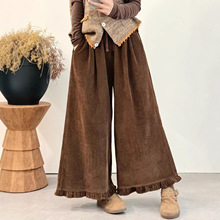 娜美服饰复古全棉灯芯绒阔腿裤女文艺木耳边宽腿裤秋季细条绒长裤