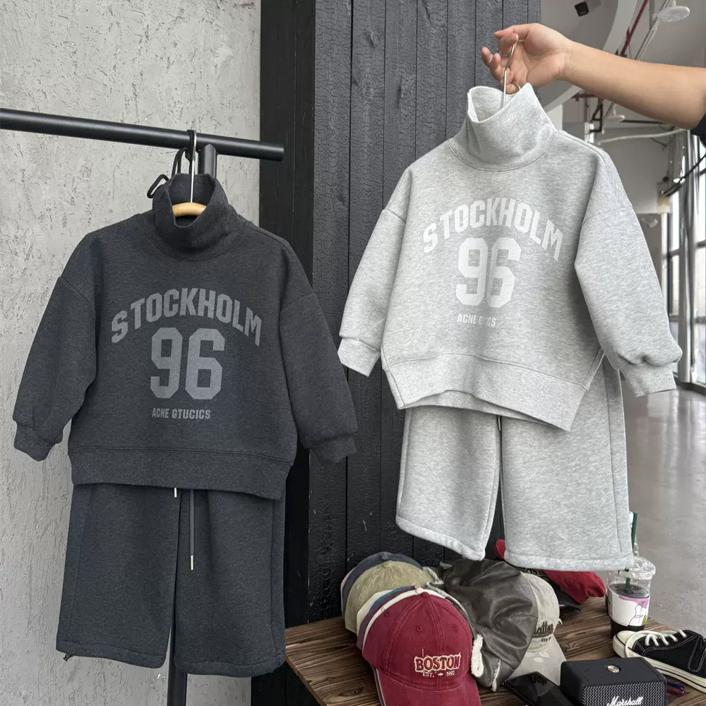 儿童冬款美式一体绒套装男童女童字母加厚高领卫衣直筒长裤两件套