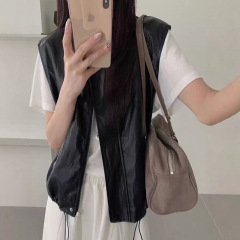 2025年春秋新款韩版宽松复古圆领皮衣马甲坎肩背心机车夹克上衣女