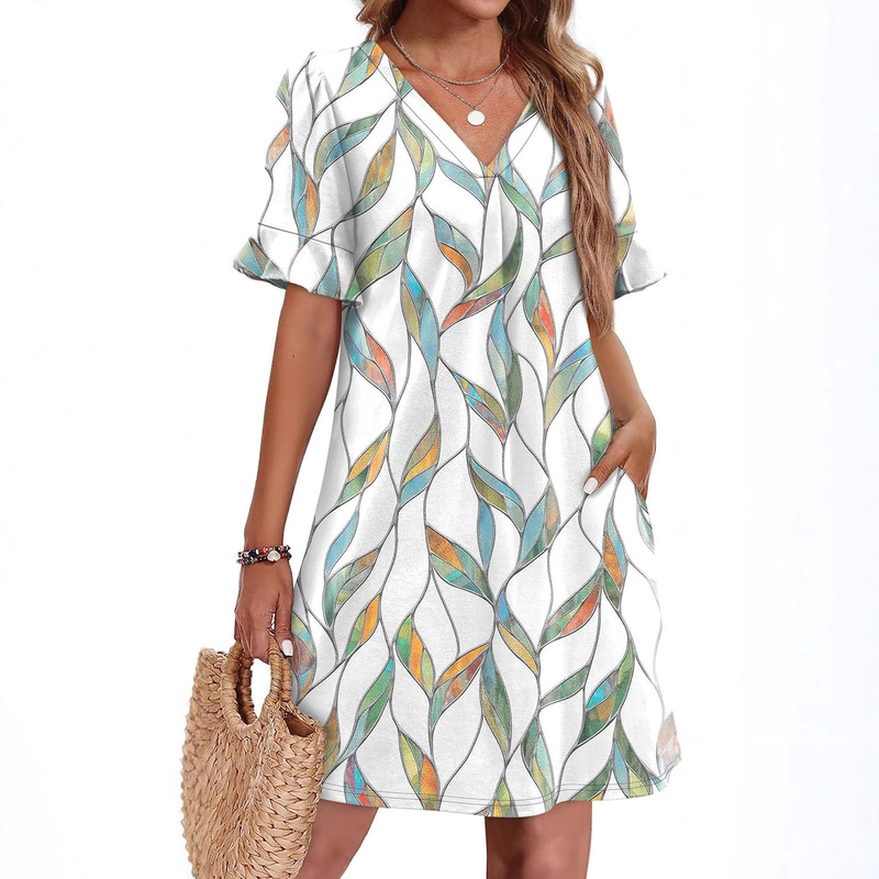 2025 Europe and the United States cross-border foreign trade women's clothing Amazon explosions V-neck horn sleeve long pocket short sleeve dress