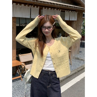 黄色毛衣开衫外套女秋冬穿搭2026新款高级感针织刺绣上衣